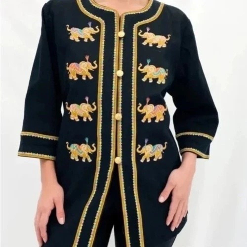 Bob Mackie Wearable Art Elephant blazer jacket women L black gold embroider